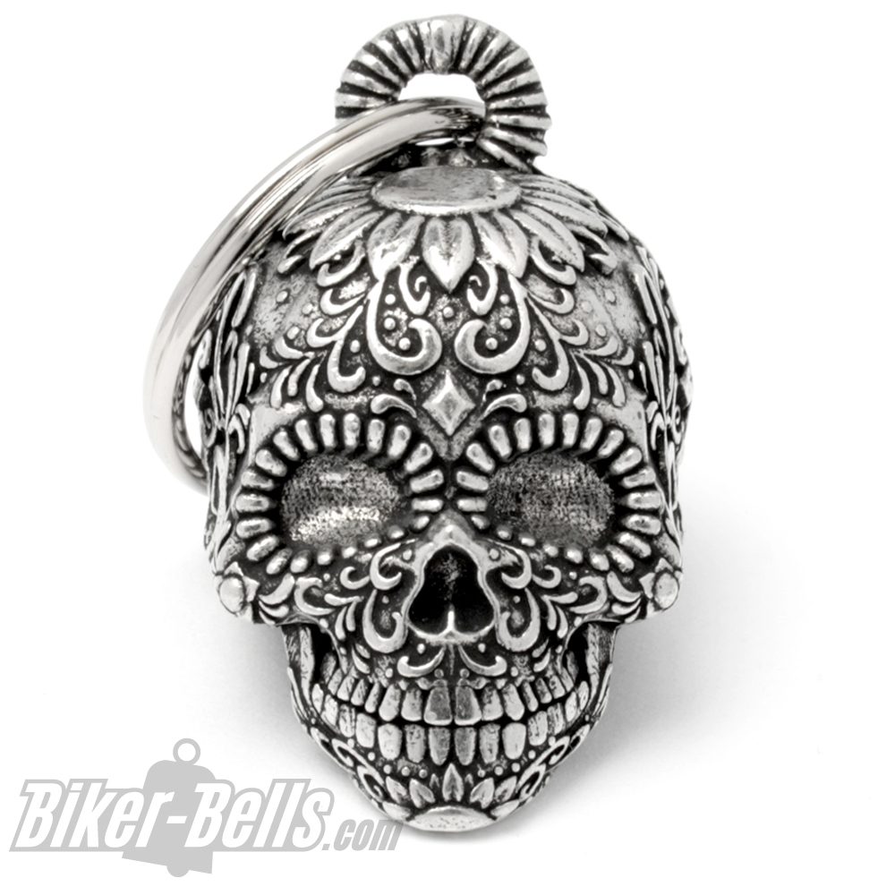 Biker Bell 3D Totenkopf Biker-​Bell verziert mit Blumen mexikanischer Candy Skull MoFa Lounge Künzelsau Hohenlohe Baden Württemberg 1