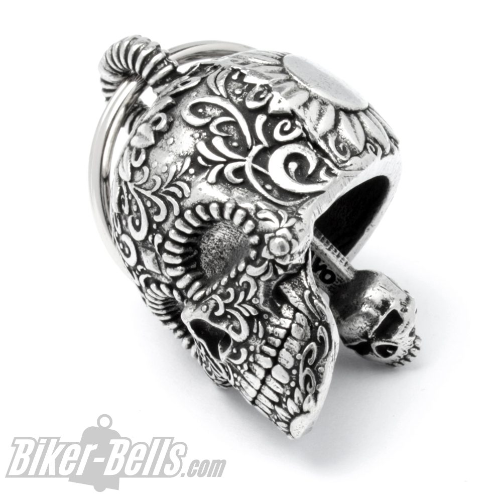 Biker Bell 3D Totenkopf Biker-​Bell verziert mit Blumen mexikanischer Candy Skull MoFa Lounge Künzelsau Hohenlohe Baden Württemberg 3