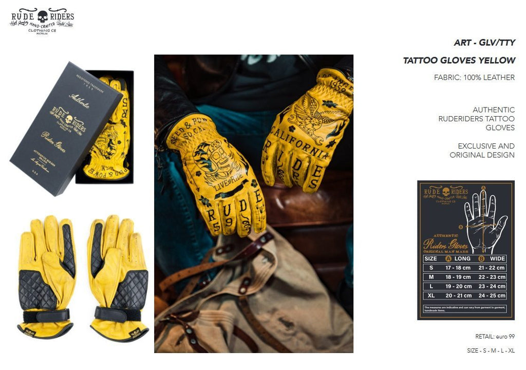Rude Riders Tattoo Gelbe Motorradhandschuhe aus Leder MoFa Lounge Künzelsau Hohenlohe Baden Württemberg 5