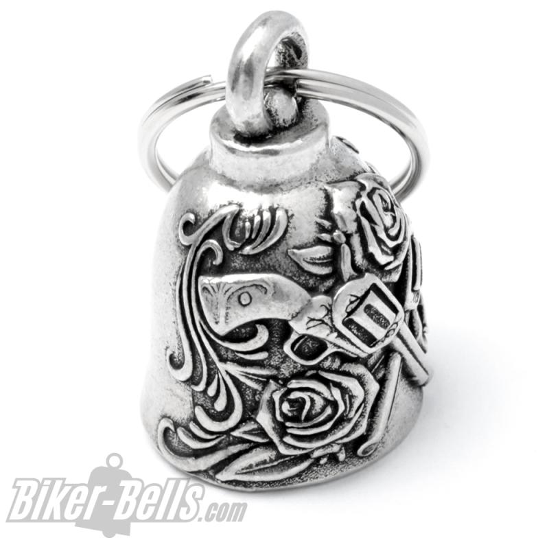 Biker Bell Guns ‘n’ Roses Revolver und Rosen Biker-​Bell Glücksbringer Motorrad Glocke MoFa Lounge Künzelsau Hohenlohe Baden Württemberg 1