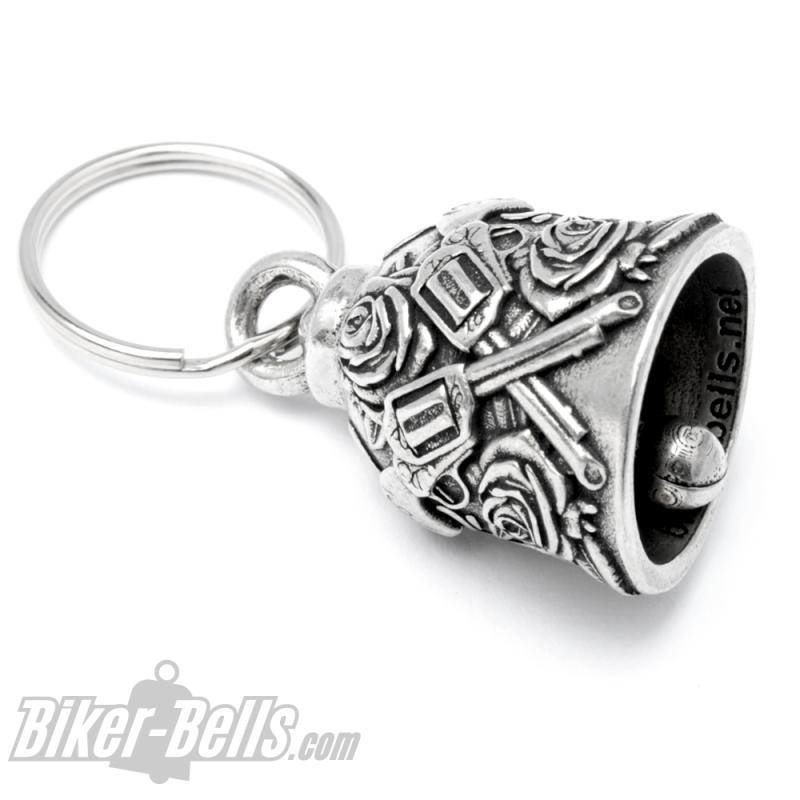 Biker Bell Guns ‘n’ Roses Revolver und Rosen Biker-​Bell Glücksbringer Motorrad Glocke MoFa Lounge Künzelsau Hohenlohe Baden Württemberg 2