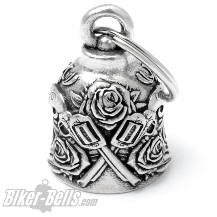 Biker Bell Guns ‘n’ Roses Revolver und Rosen Biker-​Bell Glücksbringer Motorrad Glocke MoFa Lounge Künzelsau Hohenlohe Baden Württemberg