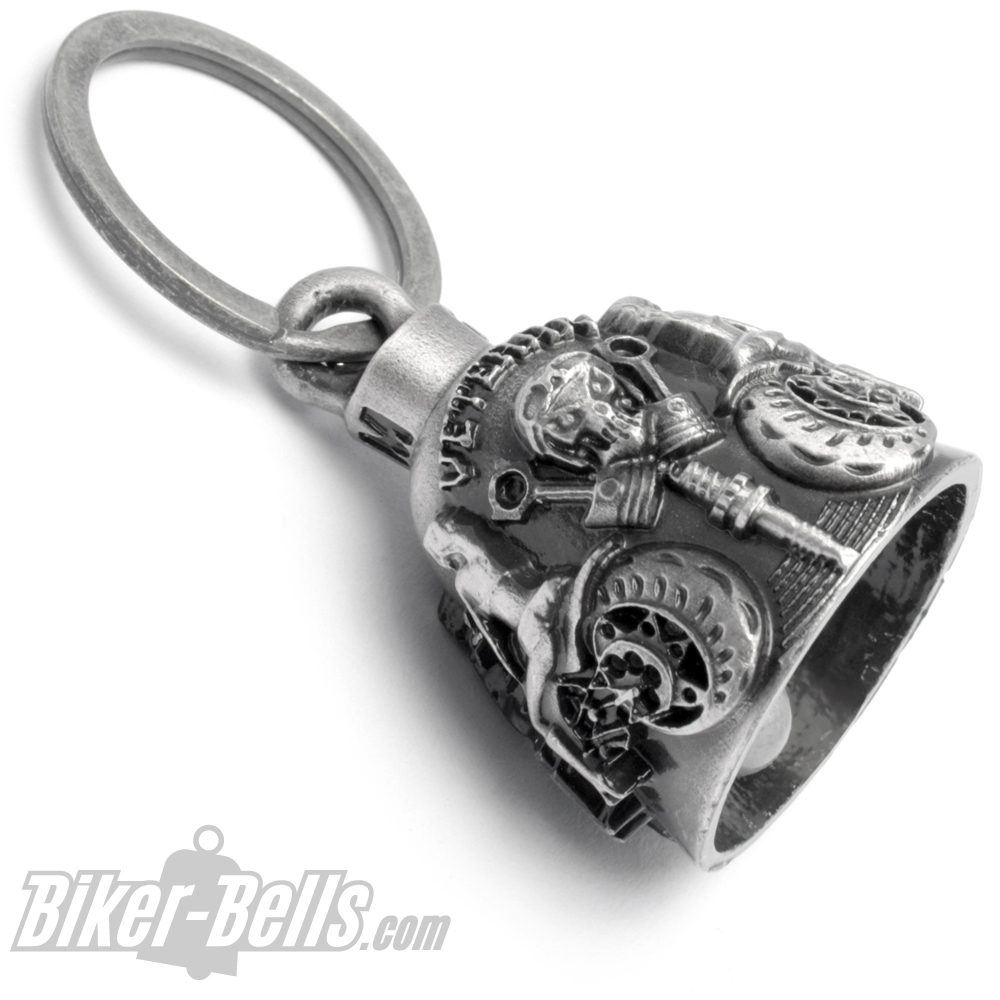 Biker-​Veteran Motorrad-​Glocke Totenkopf Babes Kolben Zündkerze Biker-​Bell Geschenk MoFa Lounge Künzelsau Hohenlohe Baden Württemberg 2