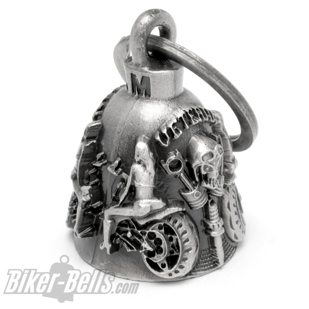 Biker-​Veteran Motorrad-​Glocke Totenkopf Babes Kolben Zündkerze Biker-​Bell Geschenk MoFa Lounge Künzelsau Hohenlohe Baden Württemberg 3