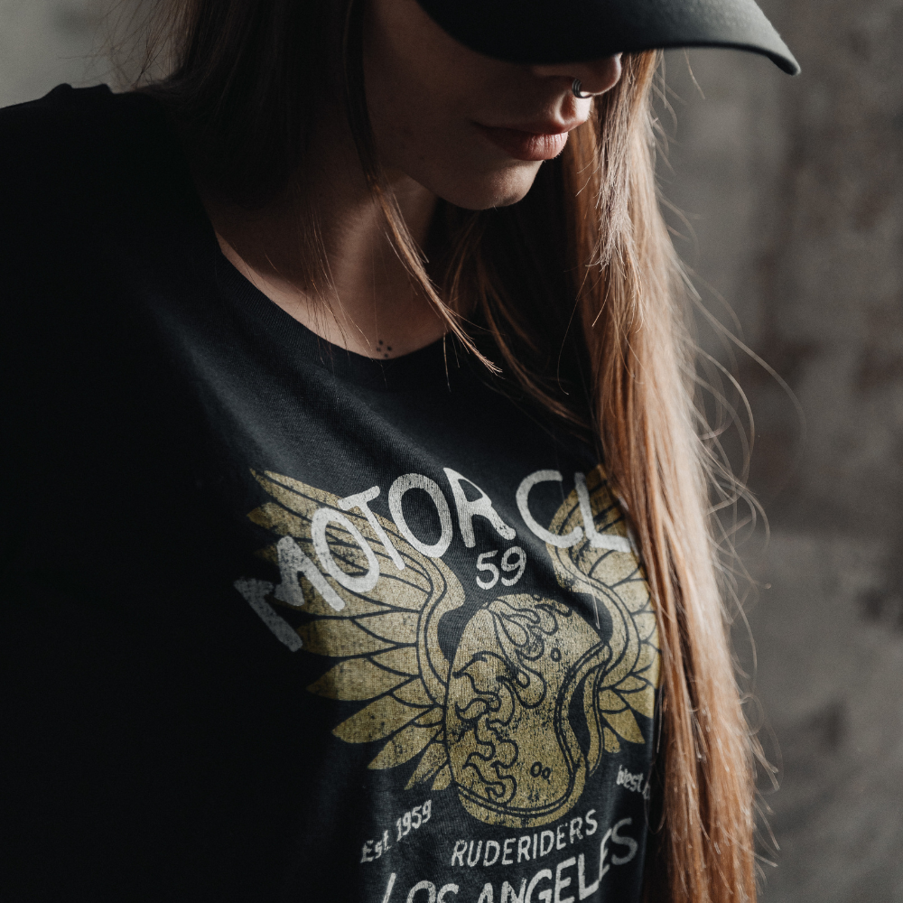 Rude Riders Schwarzes T-Shirt für Motor Brigade-Frauen MoFa lounge Künzelsau Hohenlohe Baden Württemberg 1