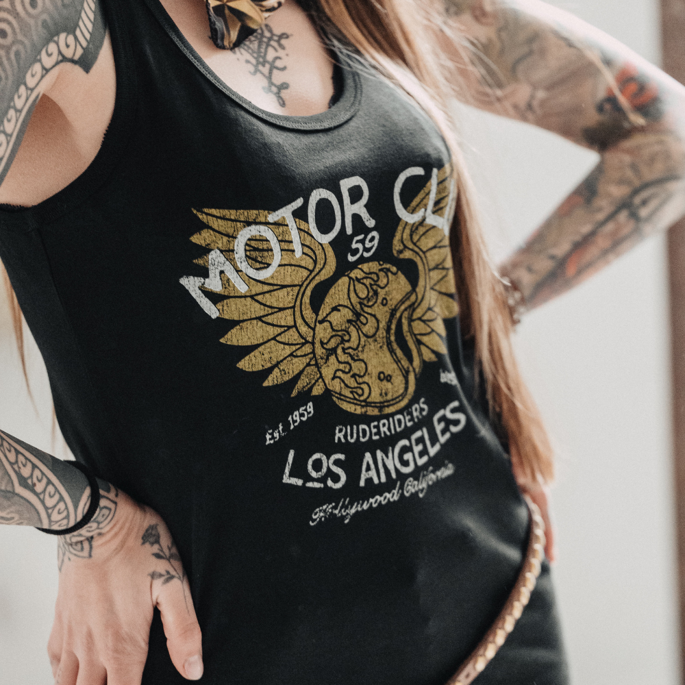 Rude Riders Schwarzes Tanktop für Damen von Motor Brigade MoFa lounge Künzelsau Hohenlohe Baden Württemberg