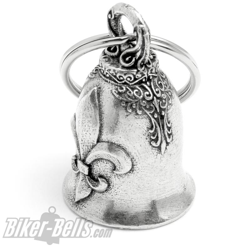 Verzierte Biker-_Bell mit Fleur de Lis Heraldische Lilie Motorradfahrer Geschenk Motorrad Glücksbringer Geschenk MoFa Lounge Künzelsau Hohenlohe Baden Württemberg 1
