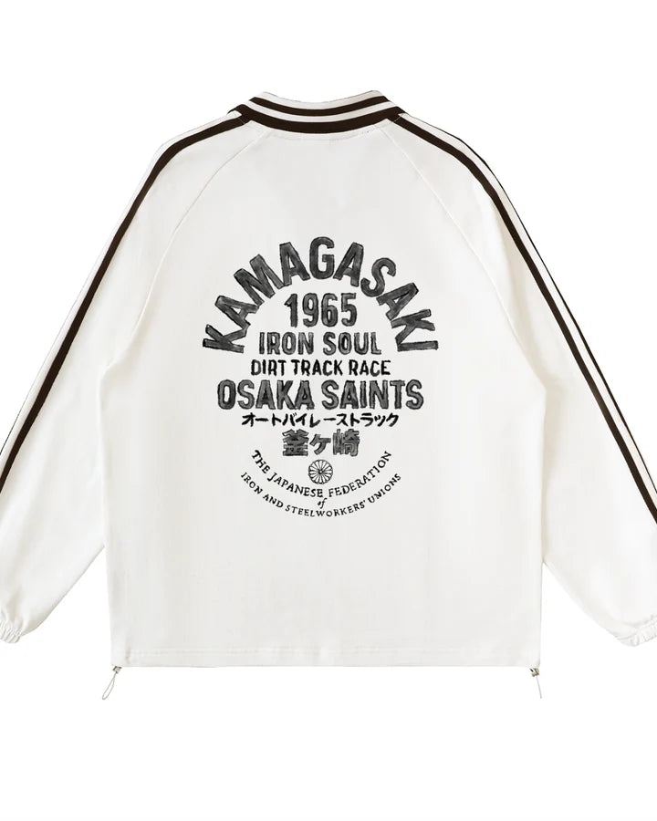 Osaka Saints „42 Iron Soul Dirt Track Race“-Sweatshirt mit kontrastgestreiftem Reverskragen