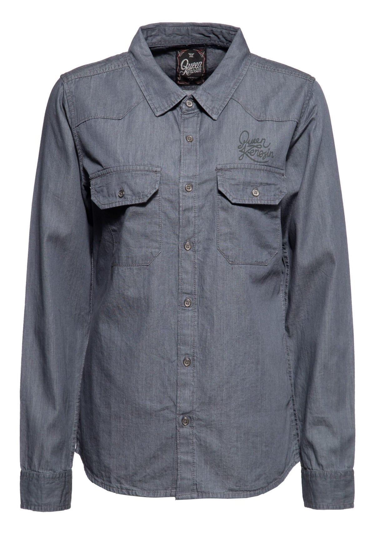 Queen Kerosin Damen Denim Blouse with Backprint Anthra Melange MoFa Lounge Künzelsau Hohenlohe Baden Württemberg 2