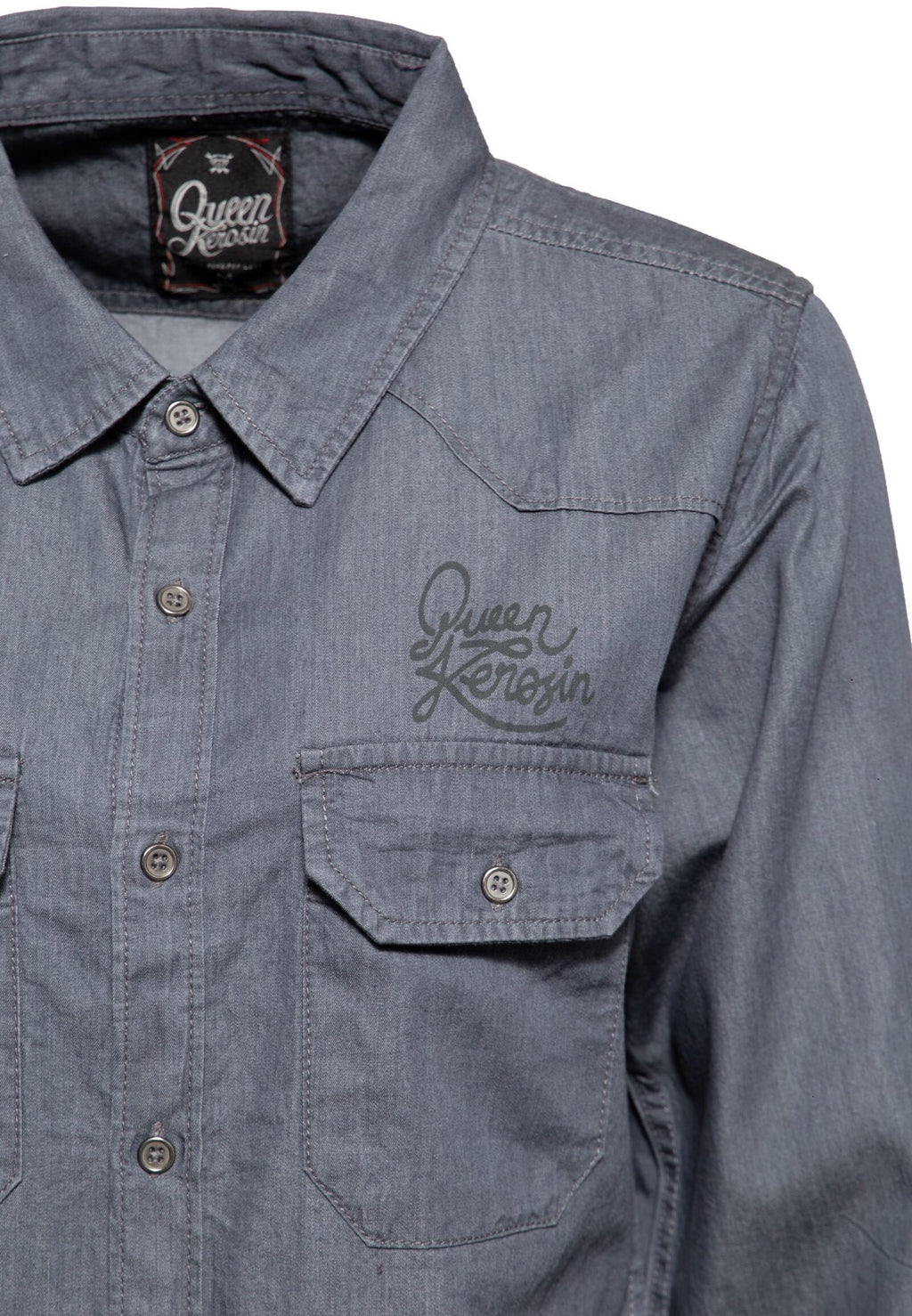 Queen Kerosin Damen Denim Blouse with Backprint Anthra Melange MoFa Lounge Künzelsau Hohenlohe Baden Württemberg 3