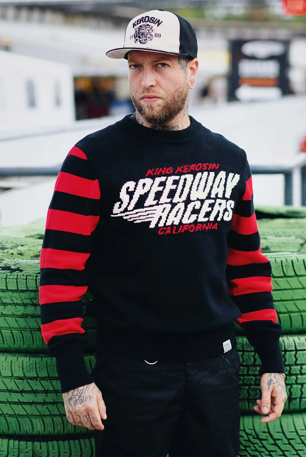 King Kerosin Herren Strickpullover "Speedway Racers" in Black & Red