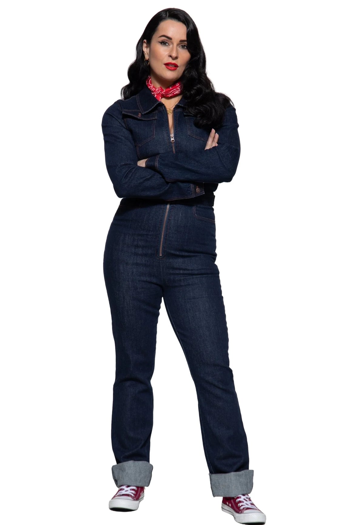 Queen Kerosin Damen Denim Jumpsuit "Bakersfield" in Dark Blue Wash